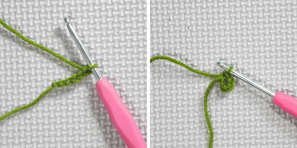 Left shows green yarn crocheted into chain five on metal crochet hook with pink handle right shows small circle of crochet stitches in green yarn on metal crochet hook with pink handle