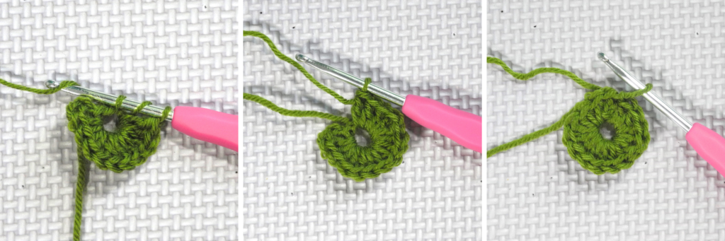 Left shows green yarn crocheted a semi circle on metal crochet hook with pink handle middle shows green yarn in almost completed crochet circle on metal crochet hook with pink handle right shows circle of crochet stitches joined together in green yarn on metal crochet hook with pink handle