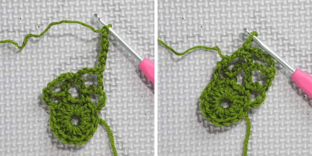 Left shows green yarn crocheted in a circle with five loops like scales with a chain six on metal crochet hook with pink handle right shows circle of crochet stitches with six scales in green yarn on metal crochet hook with pink handle