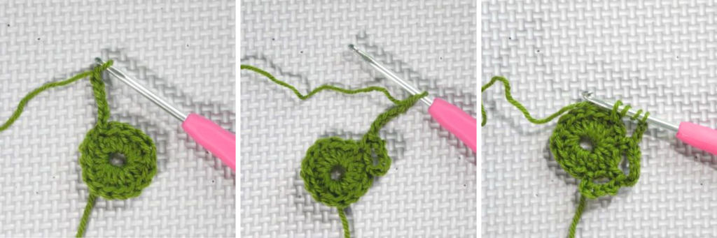 Left shows green yarn crocheted in a circle with six chained stitches on metal crochet hook with pink handle middle shows green yarn in crochet circle with one loop and chain six on metal crochet hook with pink handle right shows circle of crochet stitches and two loops with chain three and a triple crochet stitch in progress in green yarn on metal crochet hook with pink handle