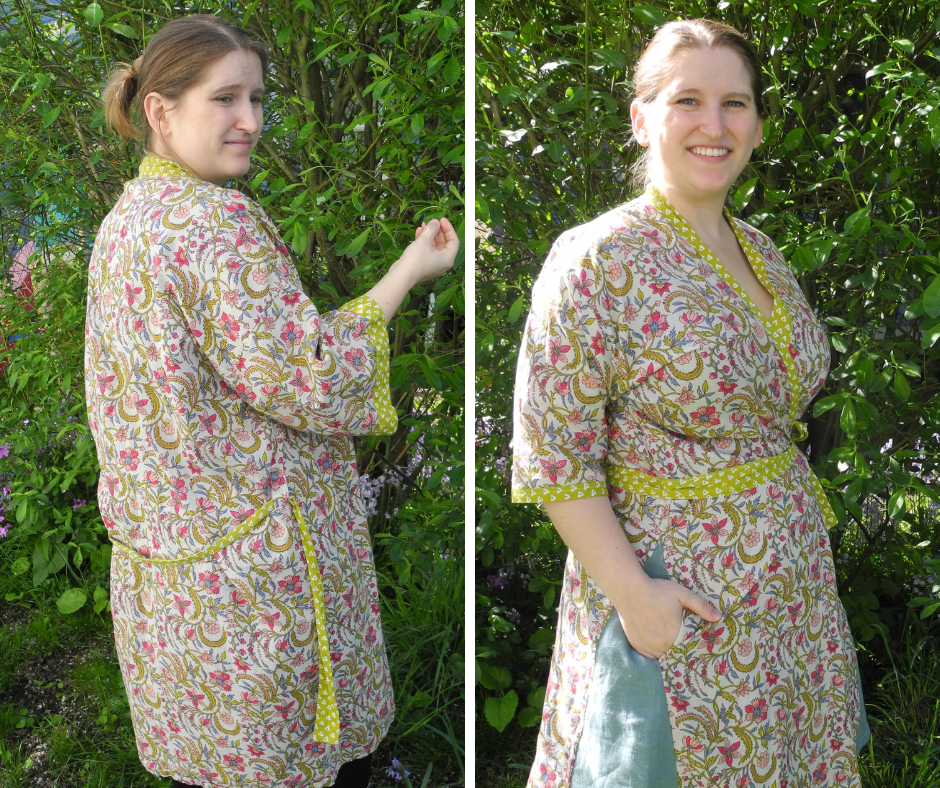 left shows woman standing in untied floral cotton robe right shows woman in same floral cotton fabric as an upcycled dress with hand in pocket