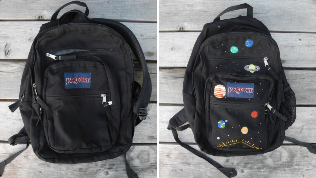 side by side images of black backpack. left shows the backpack before embroidery, right shows the backpack after it has been embroidered with a space motif with the sun, solar system planets and stars