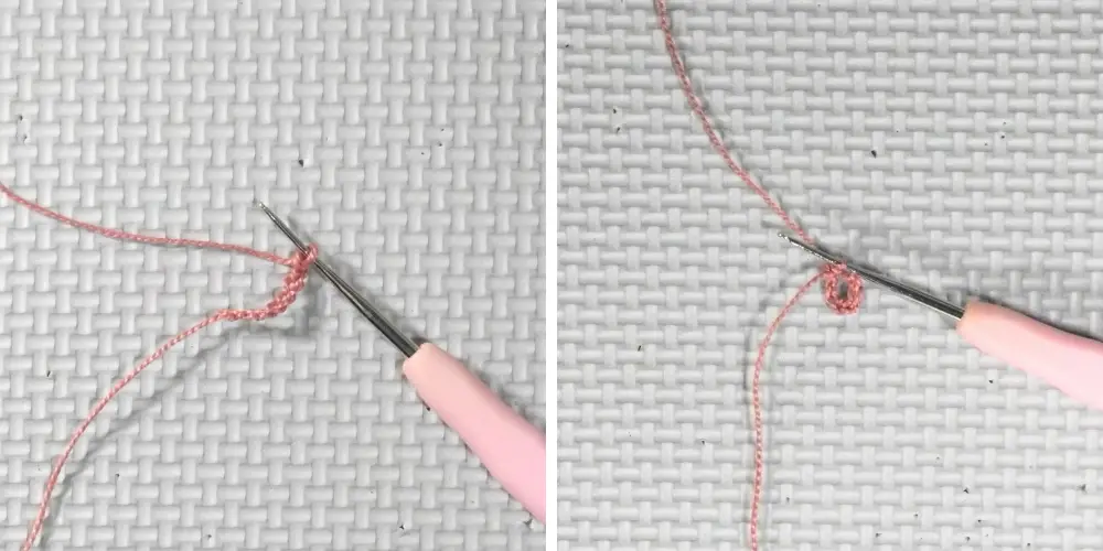 left image shows thin pink yarn in five chain stitches on a tiny crochet hook with a pink handle. Right image shows the five chained stitches joined into a circle. 