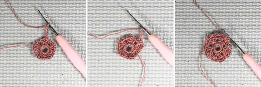 Left image shows pink crochet circle of five double crochet clusters with a chain 5 coming out. Middle image shows the creation of a chain four loop on the edge of the circle. Right image shows tudor rose earring pattern with chain four loops around the edge. 