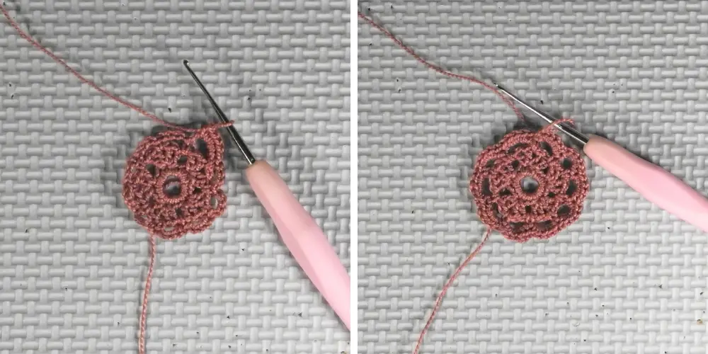 image shows adding single crochet stitches around the edge of the tudor rose crochet pattern. 