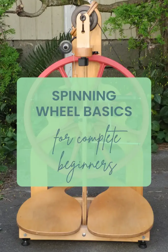image of a schacht ladybug castle wheel with a red drive wheel with the text spinning wheel basics for complete beginners written in teal on a green semi transparent background. 