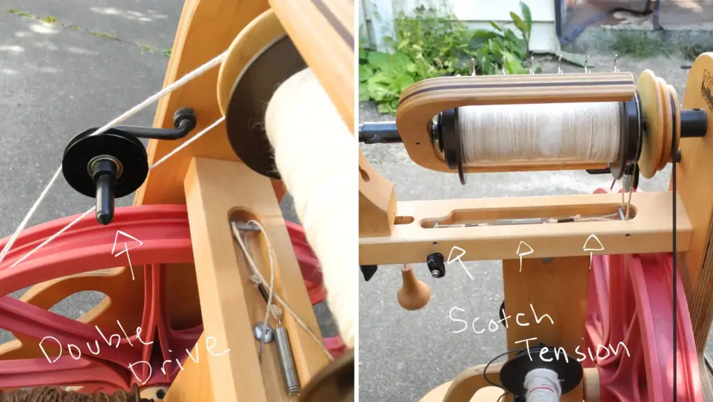 left image shows a close up of double drive tension with a cotton drive band on a schacht ladybug spinning wheel with the words double drive and right image shows a close up of scotch tension on the same spinning wheel with the words scotch tension. 