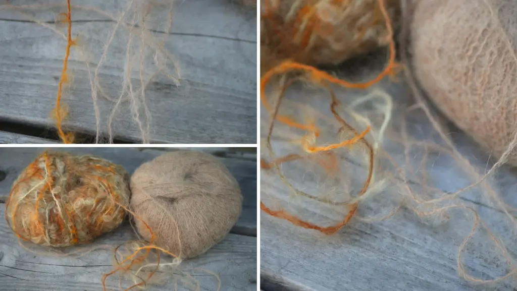trio of images detailing two balls of mohair yarn. left yarn is orange tones, right ball of yarn is camel brown. 