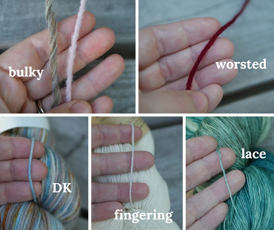 sequence of closeups of yarn in different weights. Starting at the top left and moving clockwise is two strands of bulky weight yarn in brown and pink, a strand of red worsted yarn, a strand of blue D K weight yarn, a strand of white fingering weight yarn and a strand of teal lace weight yarn. 