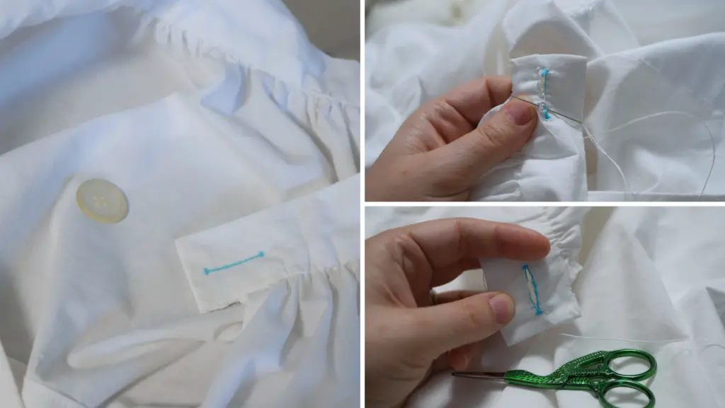 left image shows a marked line to add a button hole to the waist band of a white petticoat with a white button nearby. Top right image shows a half sewn buttonhole with the needle poking through the fabric. Bottom right image shows a cut open button hole with a pair of small green stork scissors. 