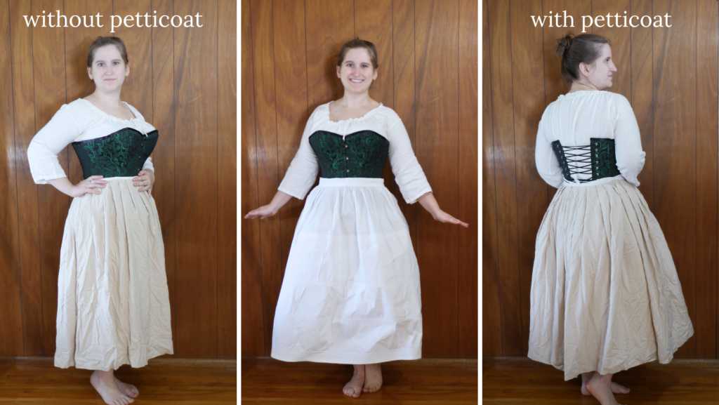 three side by side images of a white woman wearing a white chemise and green and black corset with skirts. In the left image there is a plain off white skirt  without much volume labeled without petticoat. the center image she is wearing a starched white corded petticoat with a lot of volume. the right image shows the woman wearing the same off white skirt with a lot more volume labeled with petticoat. 