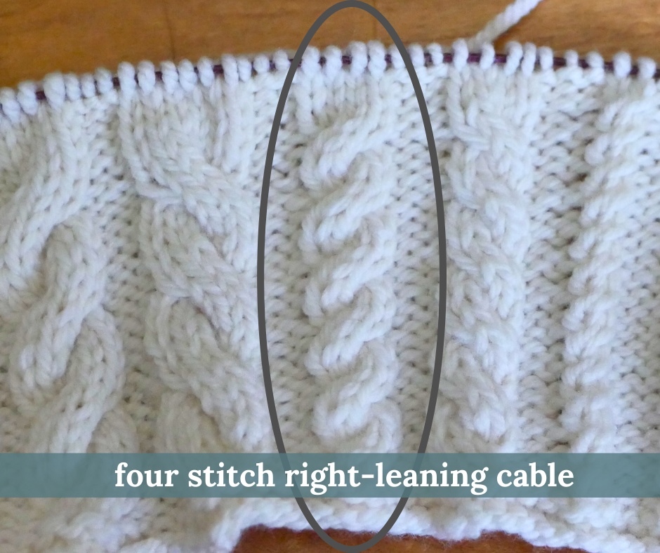 white knit fabric with medium right leaning cable circled. Image labeled four stitch right leaning cable. 