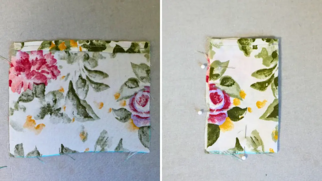 let image shows a square of floral fabric with on edge folded down and top stitched. right image shows the square of fabric folded in half and pinned together. 