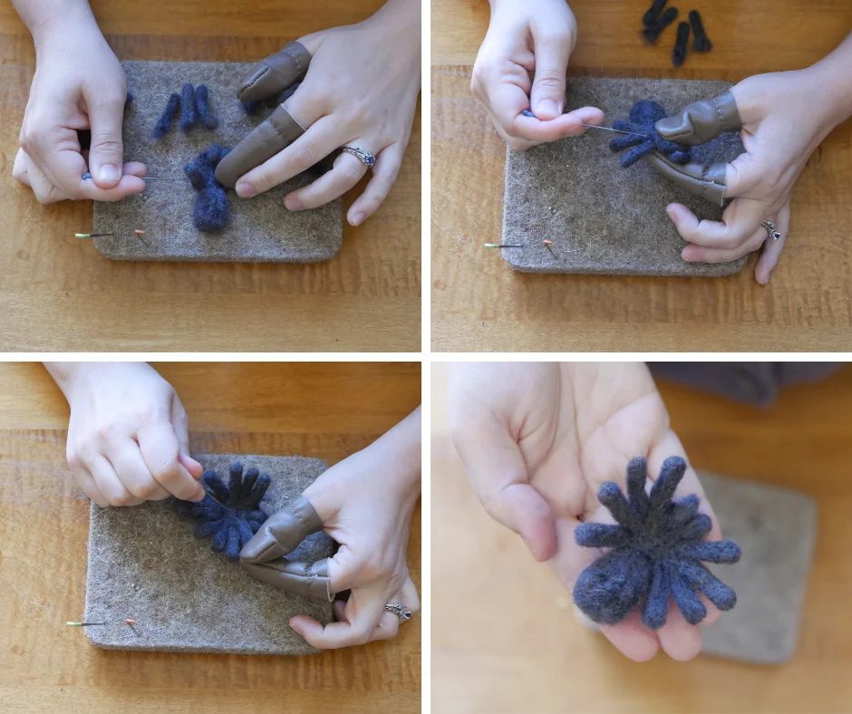 set of four images showing adding grey wool cylinders to form the top of spider legs to the top of the cephalothorax of a partially completed needle felted spider. 