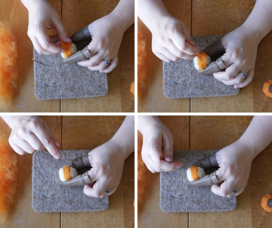set of four images showing adding a strip of orange wool to a marshmallow shaped felted white wool with a felting needle. 
