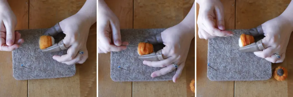 trio of images showing a pair of white hands needle felting orange wool in strips to the outside of a core of white wool that was felted into a marshmallow shape. 