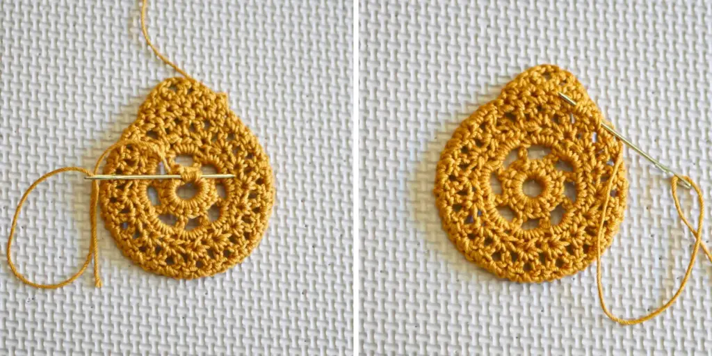 Side by side images of the back of an equinox crochet earring with the ends of yarn being tucked into the stitches with a tapestry needle. 