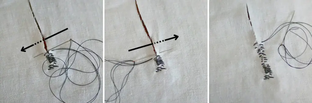 Trio of images showing a mending sewing technique with black thread on white fabric. In the first image the need is going down through the tear and coming up though the fabric to the left with an arrow mimicking the needle. The second image shows the needle going down through the tear then up through the fabric to the right. Third image shows the tear half closed with black stitches. 