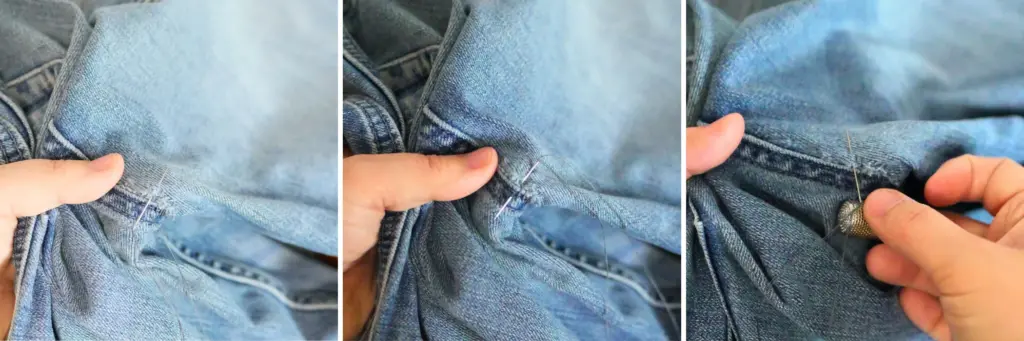 Trio of images showing white hands using a needle to sew the crotch of a pair of jeans .