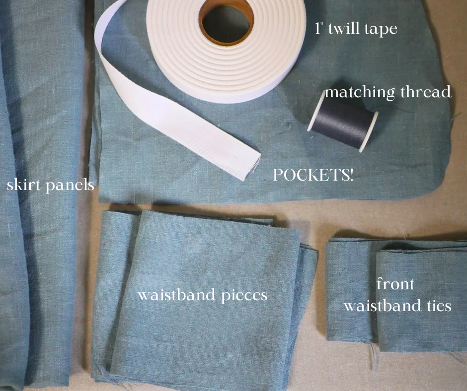 Image of cut pieces of blue linen fabric and other skirt materials with different pieces labeled skirt panels, waistband pieces, front ties, pockets, matching thread, and one inch twill tape. 