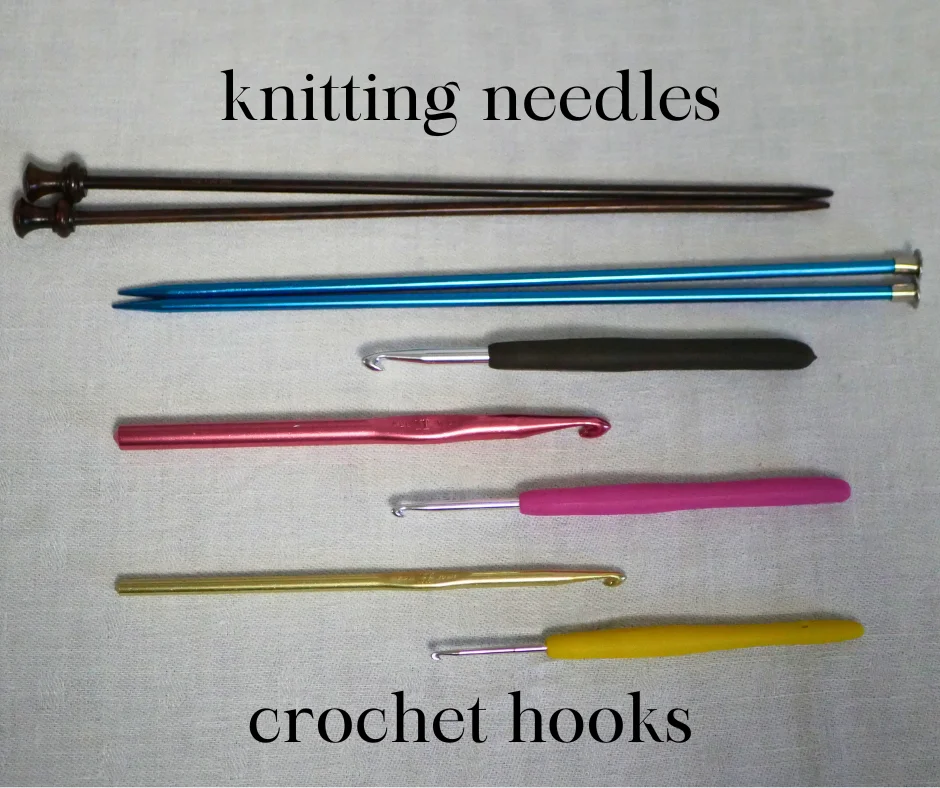 Image of knitting needles and crochet hooks. Top of the image is labeled knitting needles. Bottom of the image is labeled crochet hooks. 