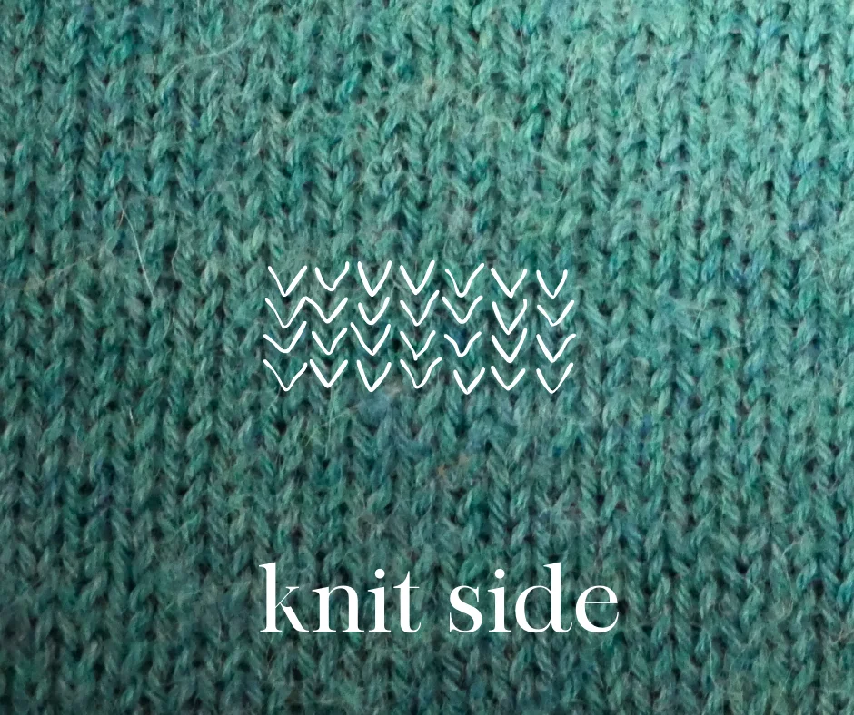 Image of the front side of teal knit fabric with individual stitches marked in the middle with white V shapes. Text at the bottom reads knit side. 