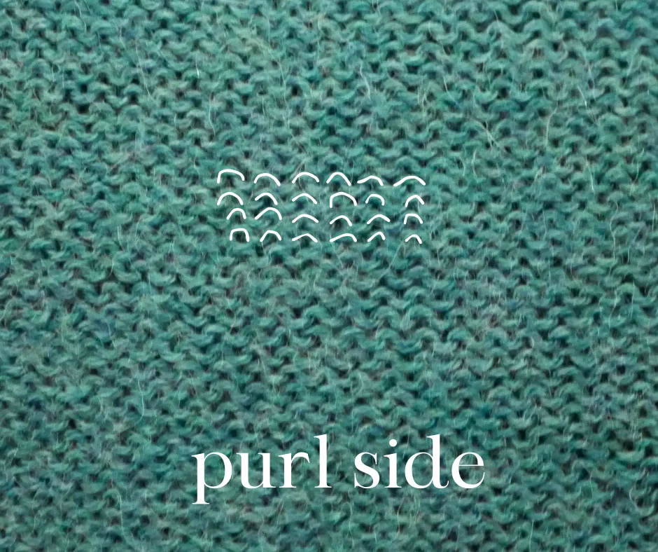 Image of the back side of teal knit fabric with individual stitches marked with white bumps. Overlay text reads purl side. 