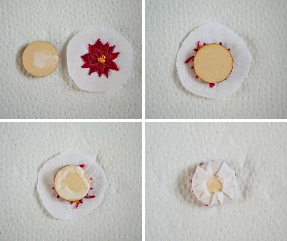 Grid of four images detailing the process of gluing a small embroidery design on fabric to a small wood disc. 