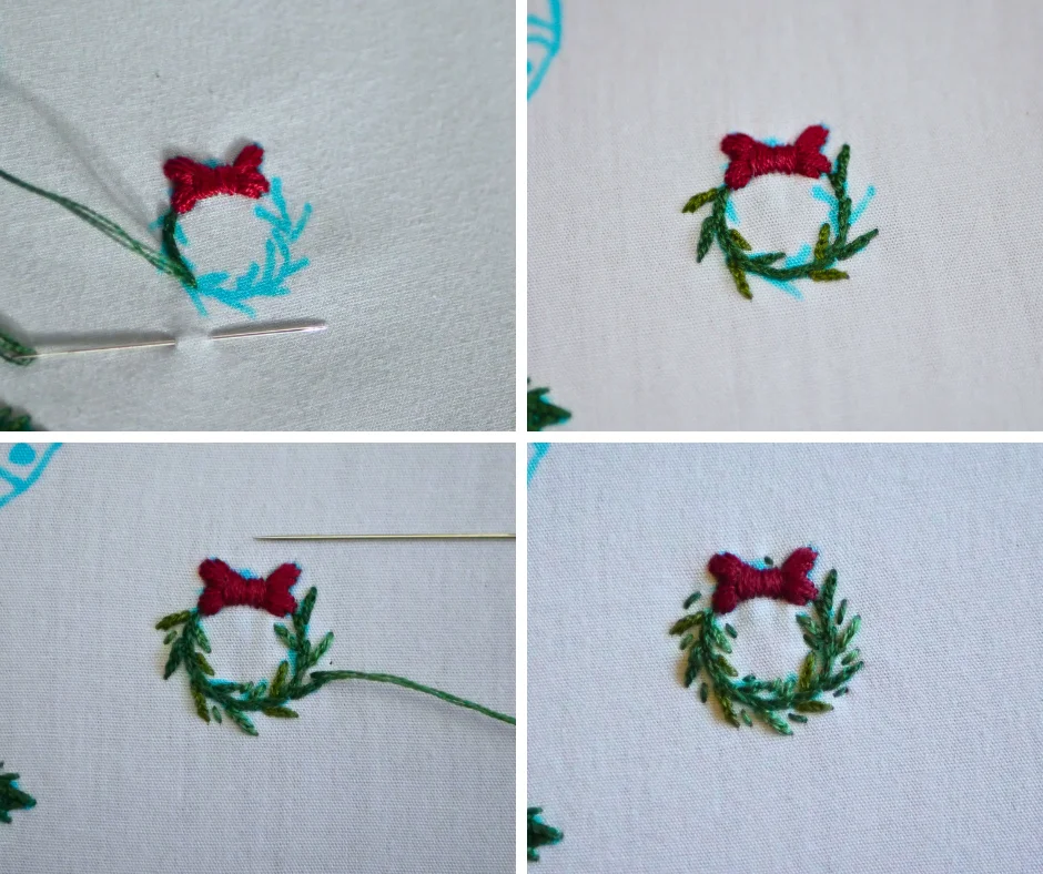 Grid of four images detailing the process of embroidering a green Christmas wreath with a red bow on white fabric. 