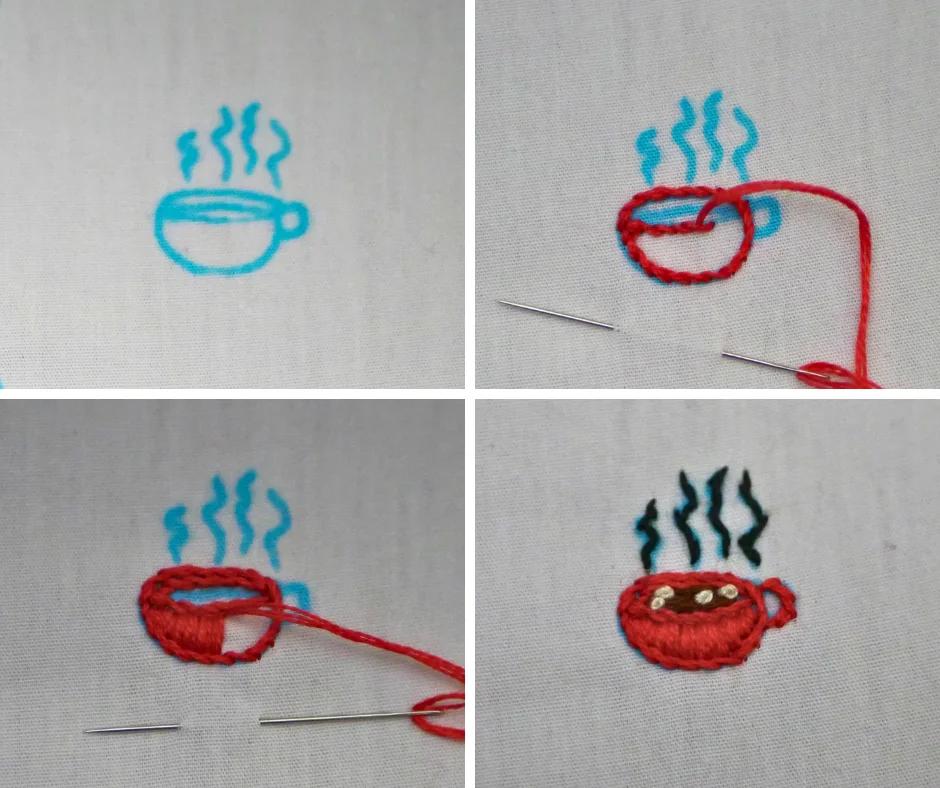 Grid of four images detailing embroidering a red mug of hot chocolate complete with mini marshmallows on white fabric. 