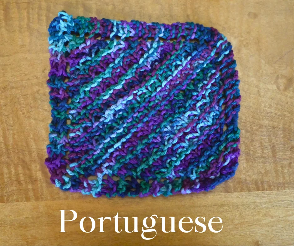 Image of a square knitted dishcloth labeled Portuguese. 