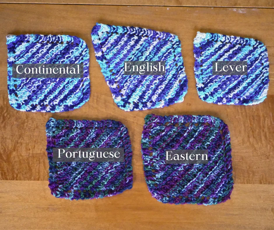 Image of five different knitted dishcloths. Labels are Continental, English, Lever, Portuguese, and Eastern. The lever knit dishcloth is the smallest, the Eastern knit dishcloth is the largest. The Continental and Portuguese dishcloths are the same size and the English knit dishcloth is a completely different shape from the other four. 