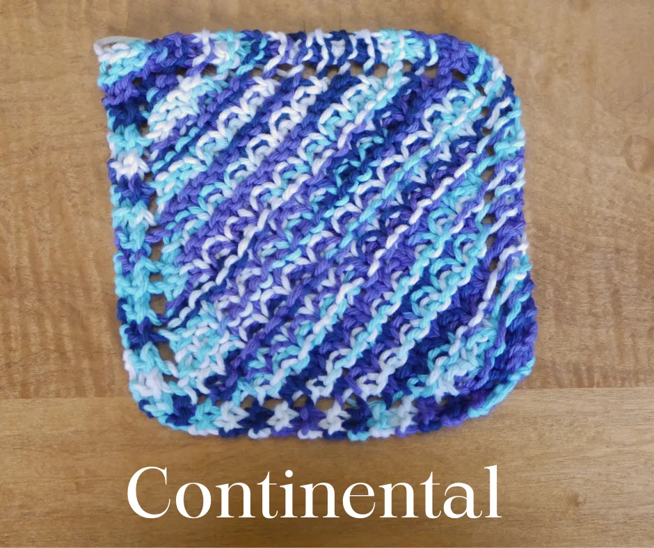 Image of a square blue and white knitted dish cloth labeled Continental. 