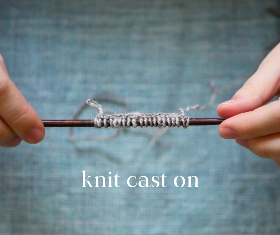 Image of a dark wood knitting needle with twenty stitches. Image labeled knit cast on. 