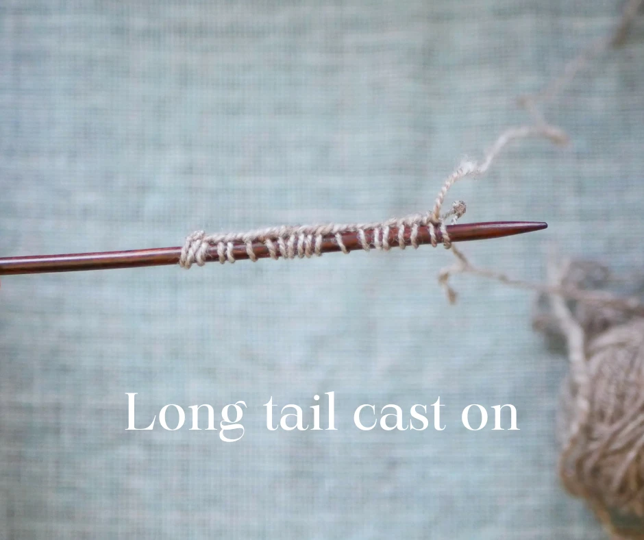 Image of a dark wood knitting needle with twenty stitches. Image is labeled long tail cast on. 