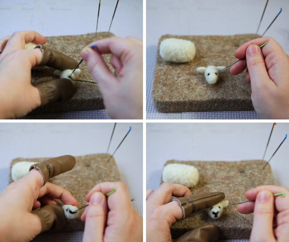 Set of four images showing how to add eyes and nose to a felted sheep head. The facial details are made of black wool while the head is white wool. 