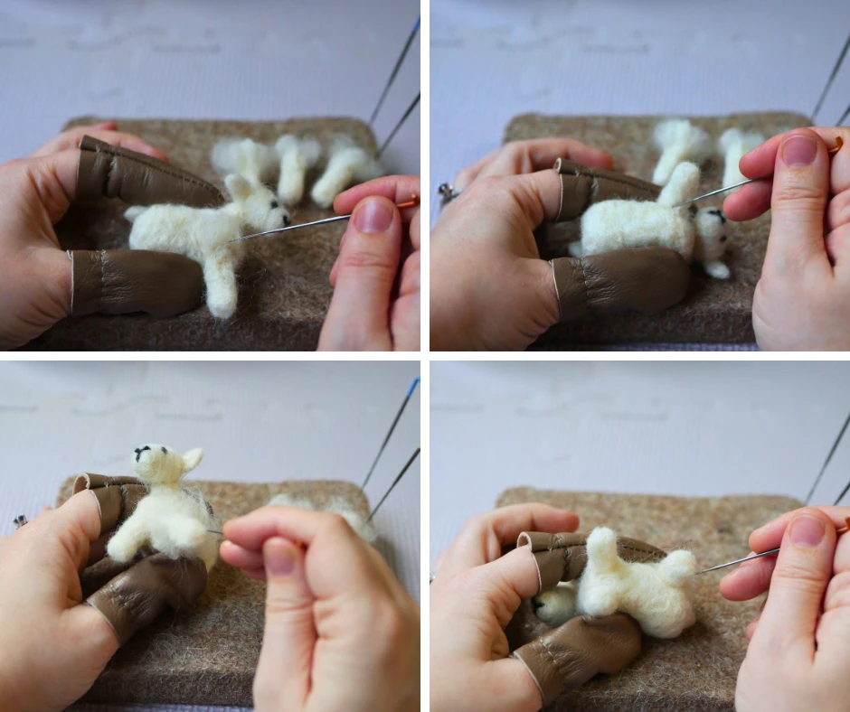 Set of four images showing adding legs to a needle felted sheep. 