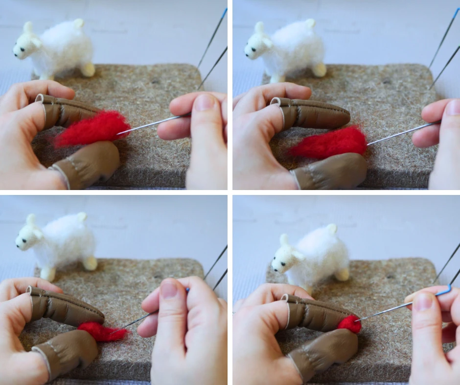 Set of four images showing how to needle felt the red cone of a Santa stle hat. 