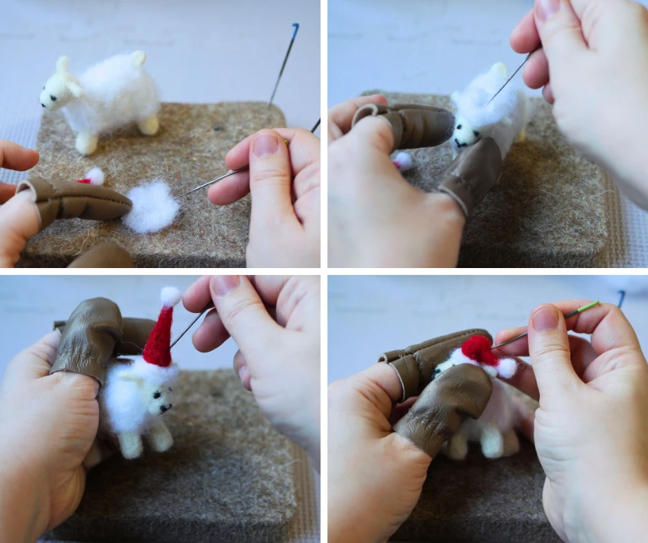 Set of four images showing how to add a Santa style hat to the head of a needle felted Christmas sheep. 