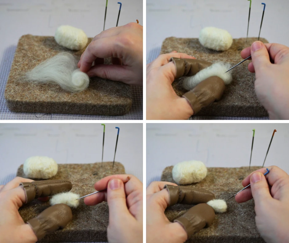 Set of four images showing how to felt white wool into a sheep head. 