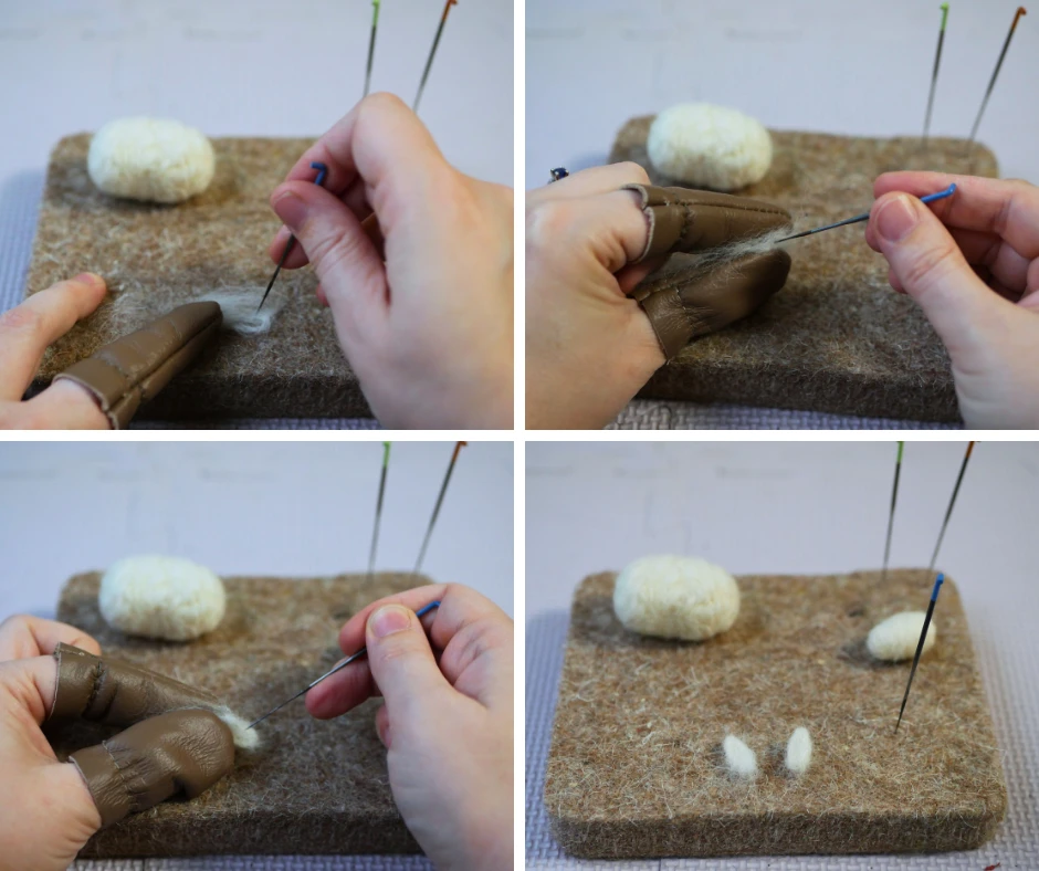 Set of four images depicting felting a sheep's ear. The first image has loose wool that gets tighter in each picture as the ear is shaped. 
