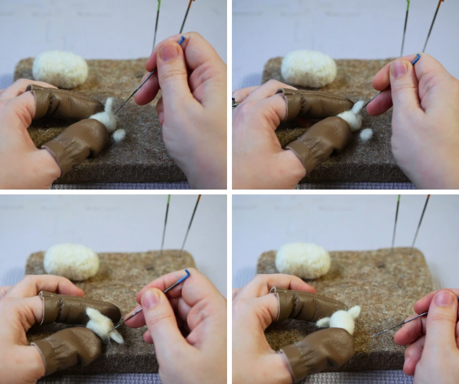 Set of four images showing a pair of white hands needle felting ears onto a sheep head. 
