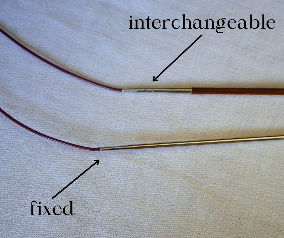 Closeup image of two circular knitting needles where the cables join the needles. The top needle has a seam line and join mechanism and is labeled interchangeable. The bottom needle has a smooth join and is labeled fixed. 