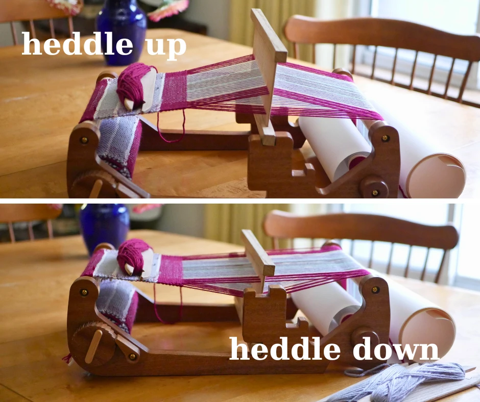 Top image shows a rigid heddle loom with the heddle up to create a shed. Bottom image shows a rigid heddle loom with the heddle down to create a shed. This up and down is how to weave on a heddle loom. 