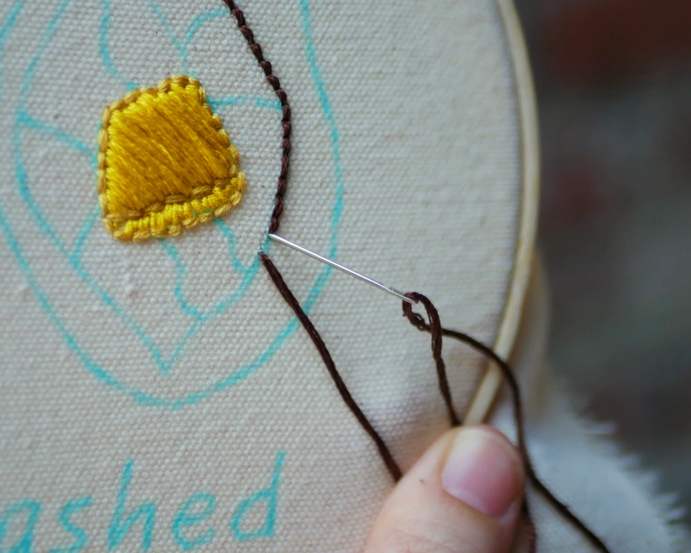 A line of back stitch embroidery stitches being sew with dark brown floss to create the outline of a baked potato.